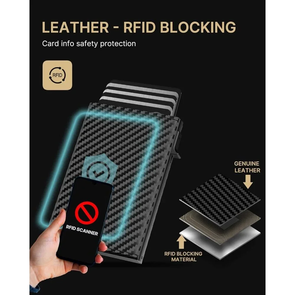 Mens Wallet Card Holder: Pop Up Aluminum Case, Genuine Leather, Smart, RFID